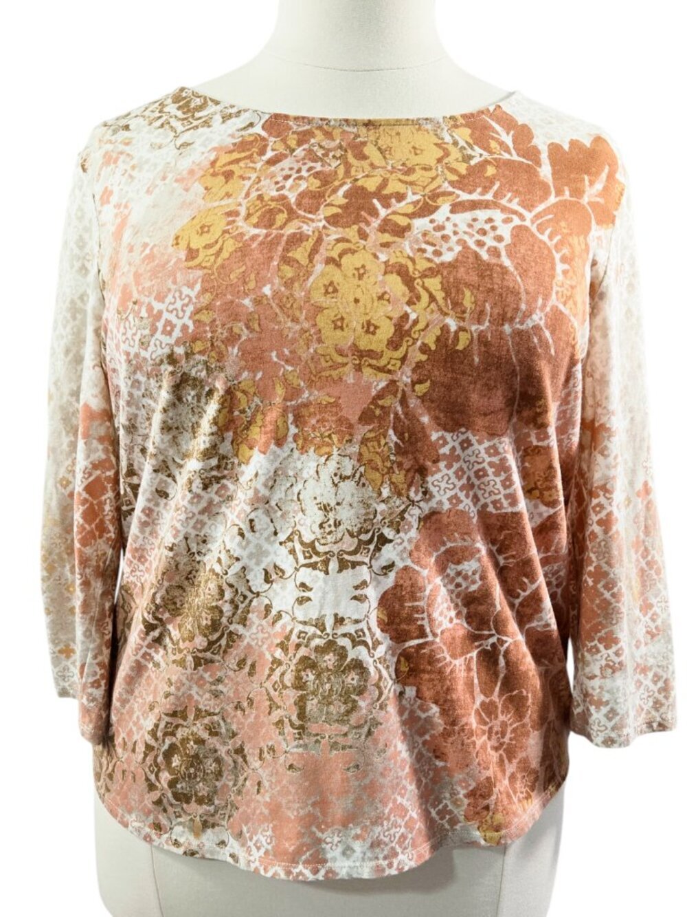 Chico's Burnt Orange Tan White Floral Abstract Boho Top Artsy Stretch